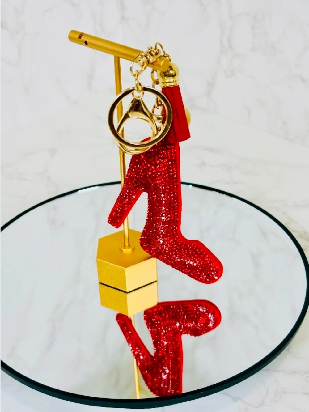 A-1DC-39: BAG CHARM/KEYCHAIN: Red w/Golden Accents, Gems w/Ball & Tassel, NIP